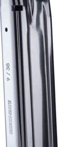 Detachable metal magazine for a semi-automatic pistol with a black base plate.