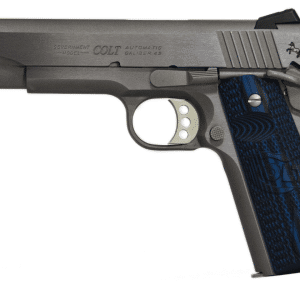Side view of a Colt Government Model .45 semi-automatic pistol with gray finish and blue checkered grip.