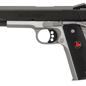 Side view of a Delta Elite semi-automatic pistol with a black slide, gray frame, and checkered grip framed by the trigger guard.