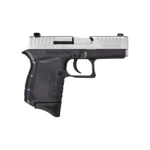 Side view of a silver and black semi-automatic handgun with textured grip and trigger visible.