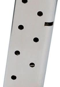 Metal pistol magazine with witness holes and a black baseplate, standing upright.