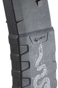 Black polymer handgun magazine with a white snake graphic along the side, shown from a side angle with the feed lips at the top.