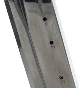 Detachable metal handgun magazine with round-count markings (6, 10, 16) and a curved baseplate, shown at an angle.