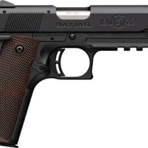 Side view of a black semi-automatic pistol with brown checkered grip, exposed hammer, and 'Black Label 1911-22' markings.