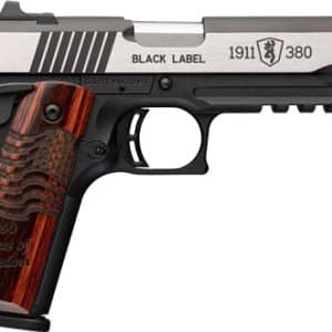 Side view of a silver-and-black 1911-style pistol with wood grip and 'Black Label' markings.