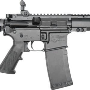 Black AR-style rifle with collapsible stock, pistol grip, and 30-round magazine on a tactical handguard.