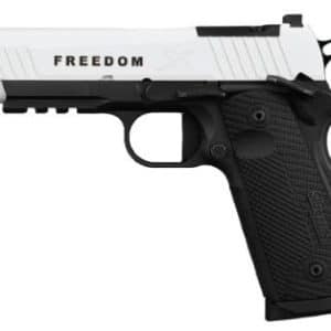 Semi-automatic pistol with a white slide labeled FREEDOM and a black textured grip (side view).Arms-side profile showing a white-top/black-bottom handgun with FREEDOM on the slide.