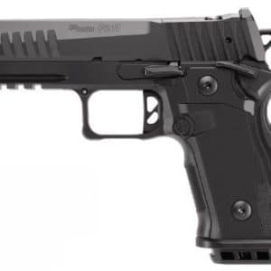 Side view of a black semi-automatic pistol with a textured grip, trigger guard, and accessory rail on the underside of the slide.