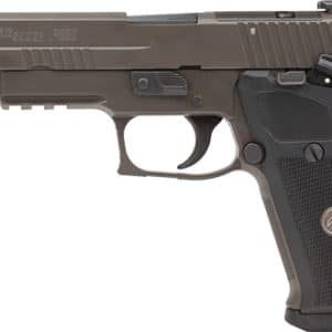 Semi-automatic pistol with brown slide and black textured grip, shown in profile.