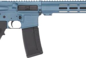 Blue AR-15 style rifle with collapsible stock, pistol grip, long handguard and detachable magazine.
