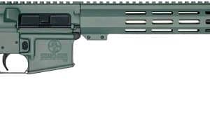 Long, tactical rifle with adjustable stock, black grip, green receiver, and a long perforated handguard.