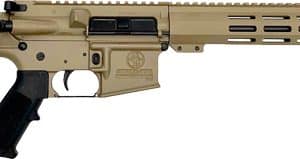 Tan-and-black semi-automatic rifle shown in profile with a collapsible stock and long railed handguard (AR-15 style).