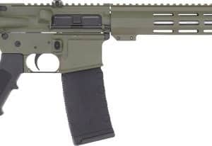 Olive-drab AR-style semi-automatic rifle with collapsible stock, pistol grip, detachable magazine, and long ventilated handguard.