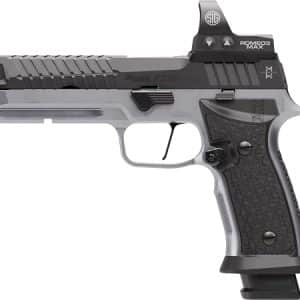 Side view of a SIG Sauer P320 handgun with a ROMEO3 MAX optic and textured grip, shown with an extended magazine base plate edge.