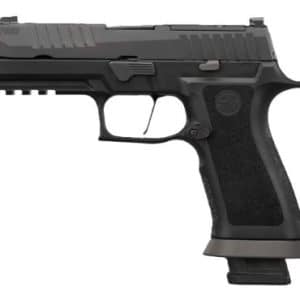 Black semi-automatic pistol with a textured grip and extended magazine base visible at the grip bottom