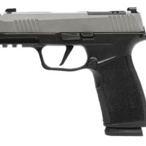 Semi-automatic pistol shown from the side with a black textured grip and silver slide details.