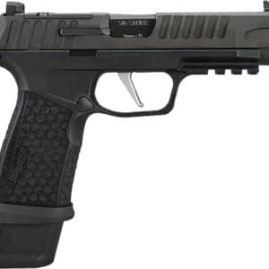 Side-profile of a black SIG Sauer semi-automatic pistol with textured grip and accessory rails