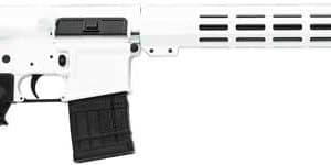 White and black AR-style semi-automatic rifle with an adjustable stock and vented handguard on a white background.