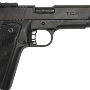 Side view of a black semi-automatic pistol with a textured grip and safety lever