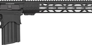 AR-15 style semi-automatic rifle with collapsible stock, pistol grip, quad-rail handguard, and detachable magazine