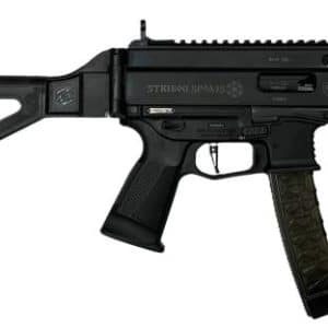 Black tactical-style semi-automatic rifle with folding stock and curved magazine on a white background.