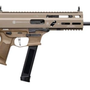 Tan modern semi-automatic rifle with a long Picatinny rail, tan polymer stock, and a downward-curved black magazine.