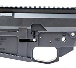 Close-up of a gray AR-style rifle receiver/upper and lower assembly with a Picatinny rail and ejection port open.