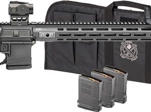 Black tactical rifle with scope and open handguard rail, shown beside a black soft rifle case and two magazines.