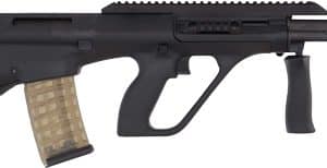 Black semi-automatic rifle shown in profile with a tan magazine and foregrip on a rail-equipped handguard