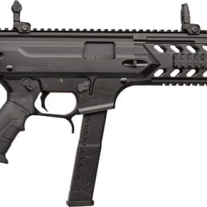 Black modern semi-automatic rifle with a pistol grip, detachable magazine, and top/side Picatinny rails.