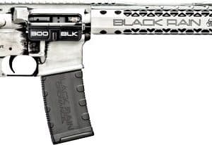 AR-15 style rifle with a black stock and pistol grip, and a silver/white upper receiver and handguard with Black Rain branding