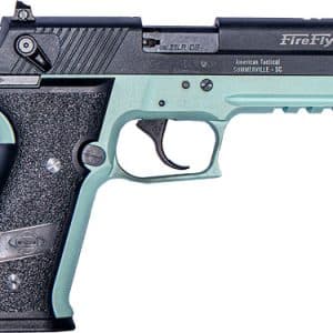 Semi-automatic air pistol in black and teal, shown in side profile with textured grip and trigger guard.