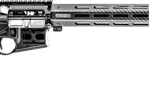 Black AR-style rifle with adjustable stock, pistol grip, and long rail handguard on a white background.