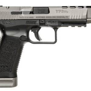 Side view of a gray and black semi-automatic pistol with a textured grip and trigger guard