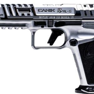 Canik Rival-S semi-automatic handgun with silver frame, black textured grip, and tactical rails.
