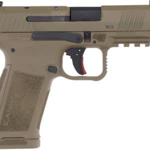 Desert-tan semi-automatic pistol shown in profile, with black sights and accessory rail under the barrel.