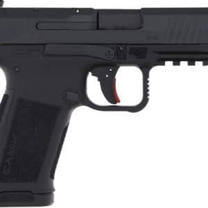 Left-side view of a black semi-automatic pistol with a textured grip and red trigger safety