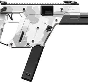 Semi-automatic rifle with a black folding stock, gray camouflage receiver, top rail, and downward magazine.