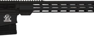 Black AR-style rifle with a long, ventilated handguard, pistol grip, and suppressor-style muzzle device on the barrel.