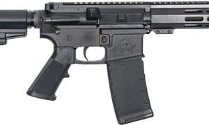 Black modern sporting rifle with adjustable stock, pistol grip, and quad rail handguard on a white background
