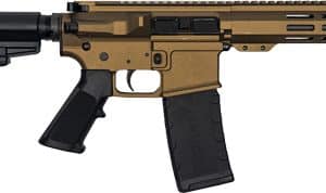 Tan and black semi-automatic rifle with adjustable stock and quad-rail forearm viewed in profile, magazine inserted.
