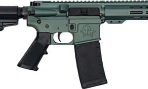 AR-style semi-automatic rifle with green upper and lower receivers, black stock and grip, and a detachable magazine.
