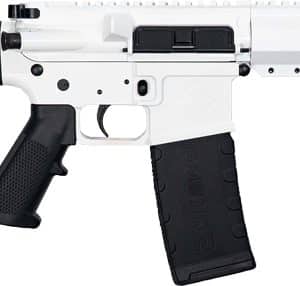 White and black semi-automatic rifle displayed in profile with collapsible stock and detachable magazine.