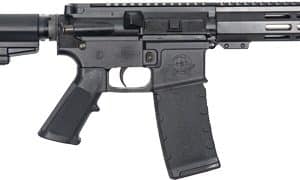 Black AR-style rifle with collapsible stock, quad-rail handguard, and attached muzzle device.