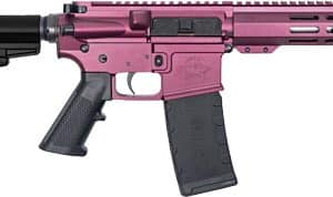 Pink AR-15–style rifle with a black adjustable stock, grip, and magazine inserted, featuring a rail handguard and muzzle device.