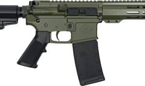 AR-15 style rifle in profile with green receiver, collapsible stock, and 30-round magazine photographed from the side