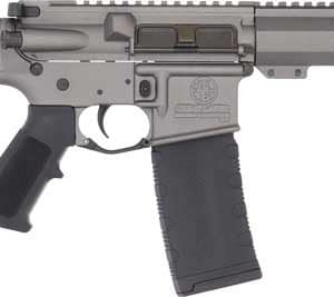Grey assault rifle with suppressor and black vertical foregrip on a white background, facing left