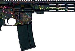 Long-barreled assault rifle with a black stock and mag, decorated with multicolor paint splatters, featuring a rails system on the handguard.