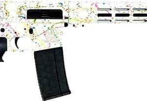AR-15 style semi-automatic rifle with a black stock and grip, and a white upper/handguard featuring a colorful map pattern