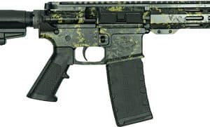 Camouflage-pattern tactical rifle with adjustable stock, quad-rail handguard, and detachable magazine.